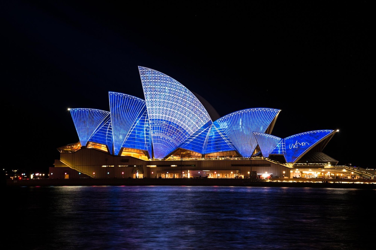 sydney opera house, building, architecture, illuminated, famous, tourist attraction, landmark, lightings, light show, night, evening, performing arts center, sydney harbour, port jackson, sydney, new south wales, australia, sydney, australia, australia, australia, australia, australia