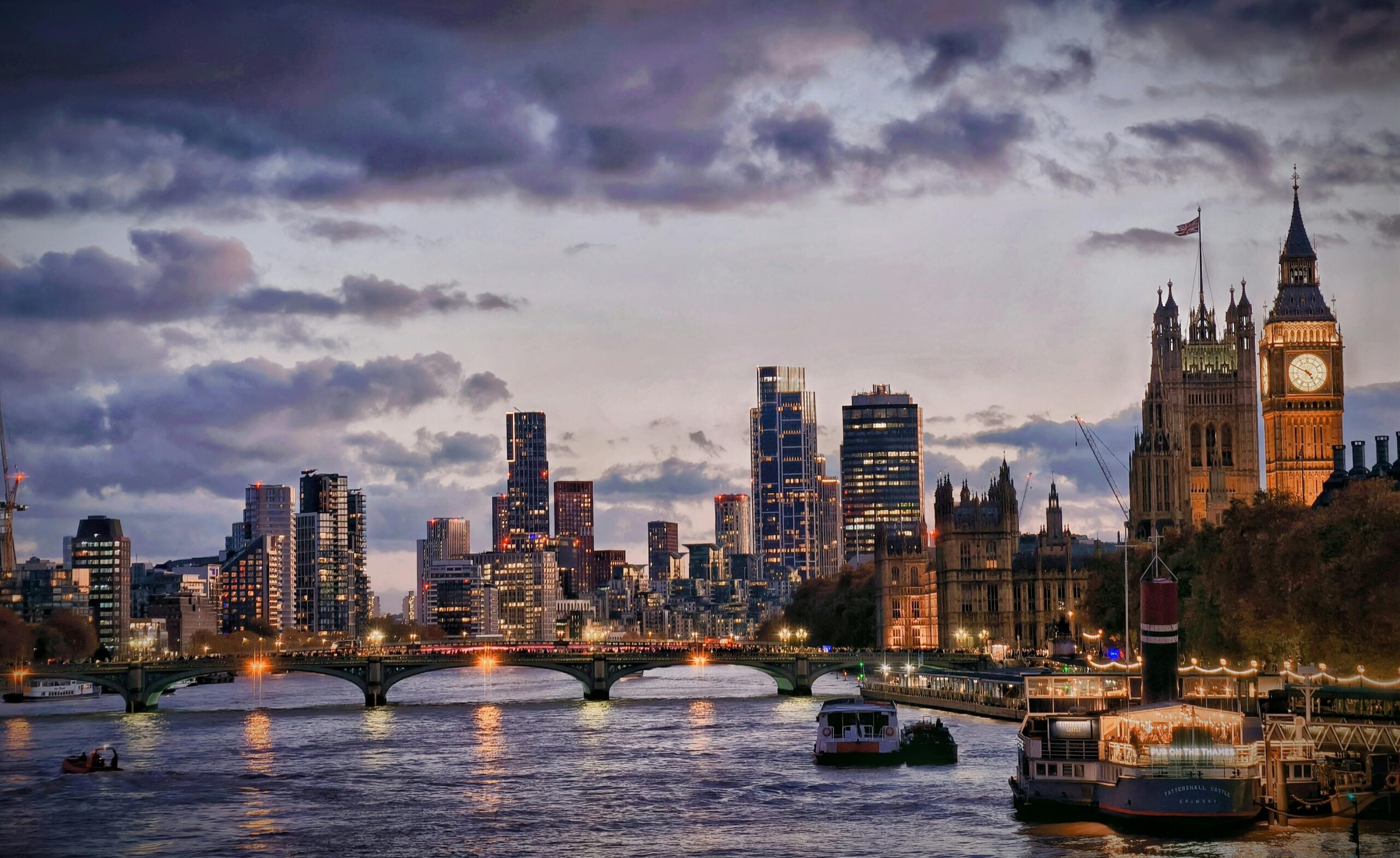 A stunning evening cityscape of London's skyline with the Thames River and Big Ben.